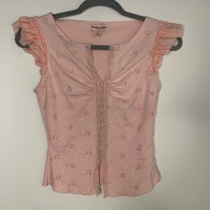 GUESS Light Pink Eyelet Lace Ruffle Blouse Size SP